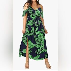 Tropical Green Leaf Print Maxi Dress